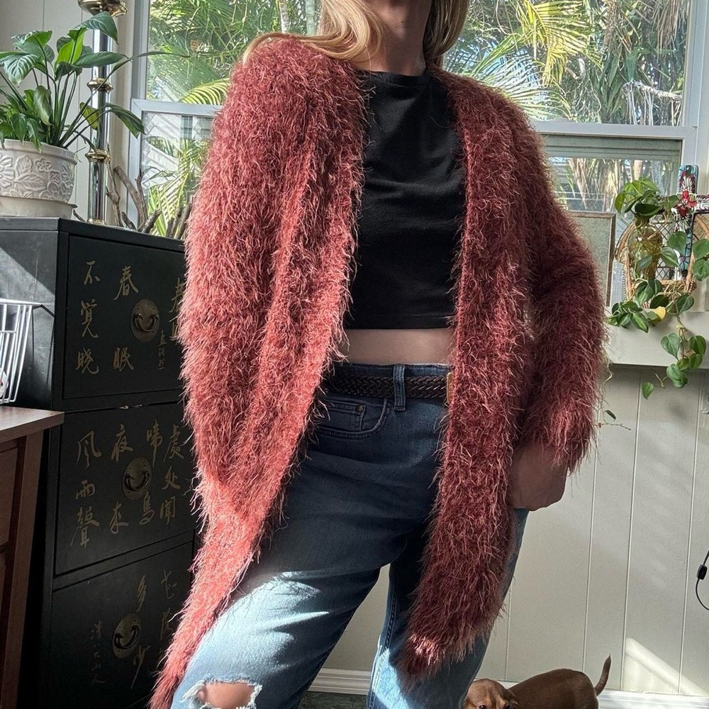 Y2K eyelash fuzzy/furry knit cardigan - mid length- burgundy - medium